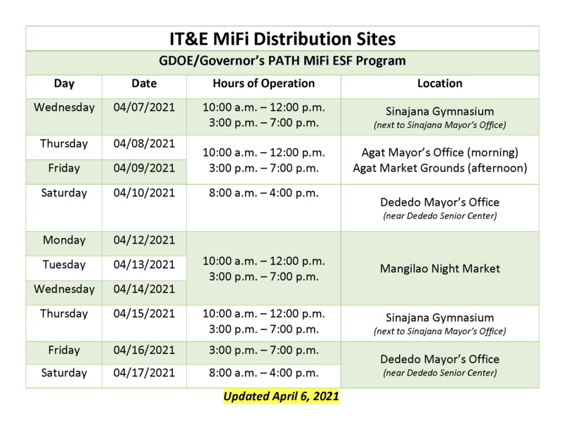 These are the designated venues and hours of operation for the MiFi distribution.